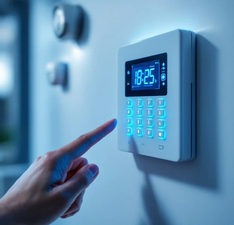 Moderne witte alarmpaneel met blauwe LED-indicators en hand bij touchscreen toetsenbord voor huisbeveiliging