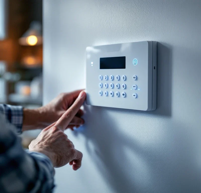 Professionele installatie van wit alarmpaneel met LED-indicatoren en bewegingssensoren op muur