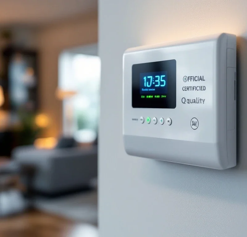 Wit alarmpaneel met groene statuslampjes en beveiligingscertificaten gemonteerd op muur in modern interieur
