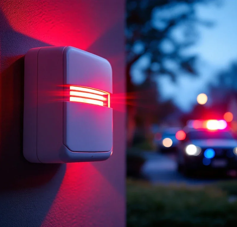 Witte alarmsirene met rode flitslichten op muur bij schemering, Marshall Security voertuig nadert op achtergrond.