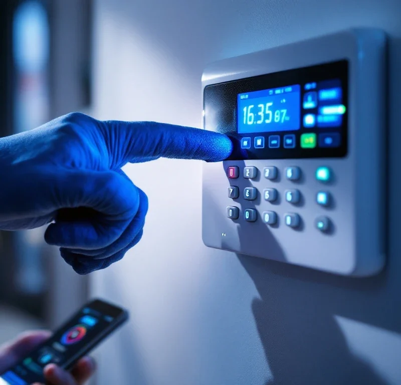 Beveiligingstechnicus test alarmpaneel met verlichte blauwe LED-indicatoren en smartphone-app op achtergrond