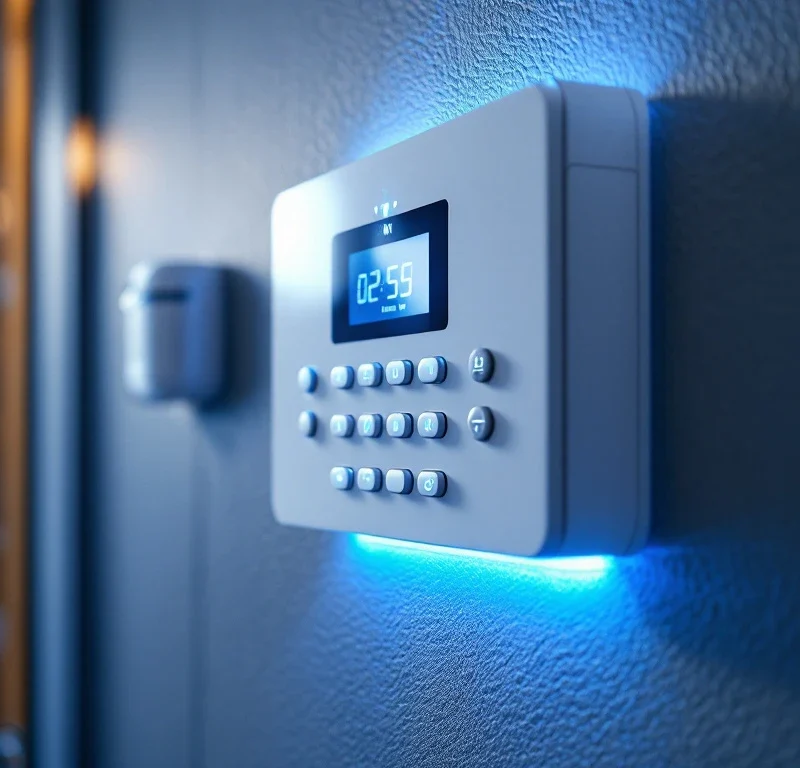 Wit alarmpaneel met blauwe LED-indicatoren en metalen knoppen gemonteerd op getextureerde muur met bewegingssensoren