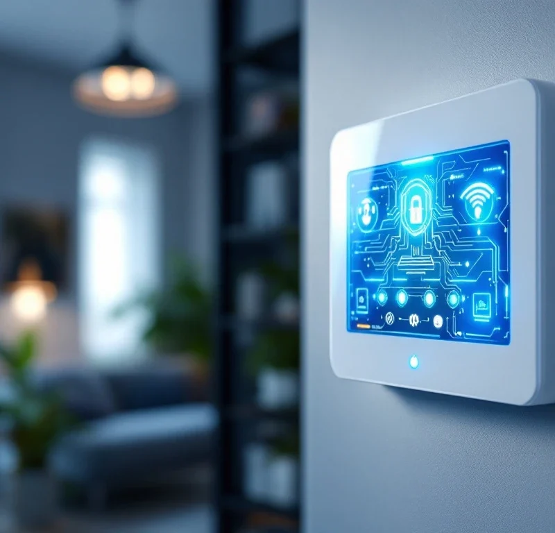 Modern wit alarmpaneel met LED-indicatoren en touchscreen gemonteerd op muur in beveiligd Nederlands interieur


Similar in style: 

A photorealistic close-up of a modern white alarm control panel mounted on a wall, its LED indicators glowing in blue and green against a sophisticated home interior. The panel's sleek touchscreen display shows an active security system interface with circuit patterns subtly visible through translucent casing. Dramatic side lighting creates depth, highlighting the metallic sensors and wireless connectivity symbols. In the soft-focused background, a secure Dutch home interior suggests protection and safety. The composition uses cool blues and professional grays, emphasizing technological precision and reliability in security systems.