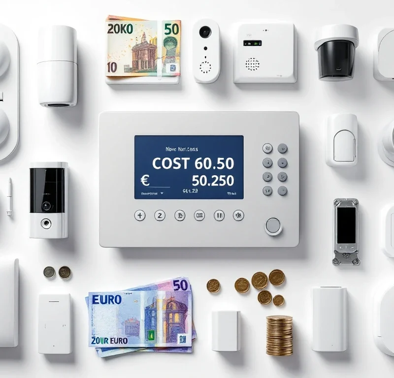 Professioneel beveiligingspaneel met digitaal display omringd door alarmsysteem componenten en euro geld op witte achtergrond