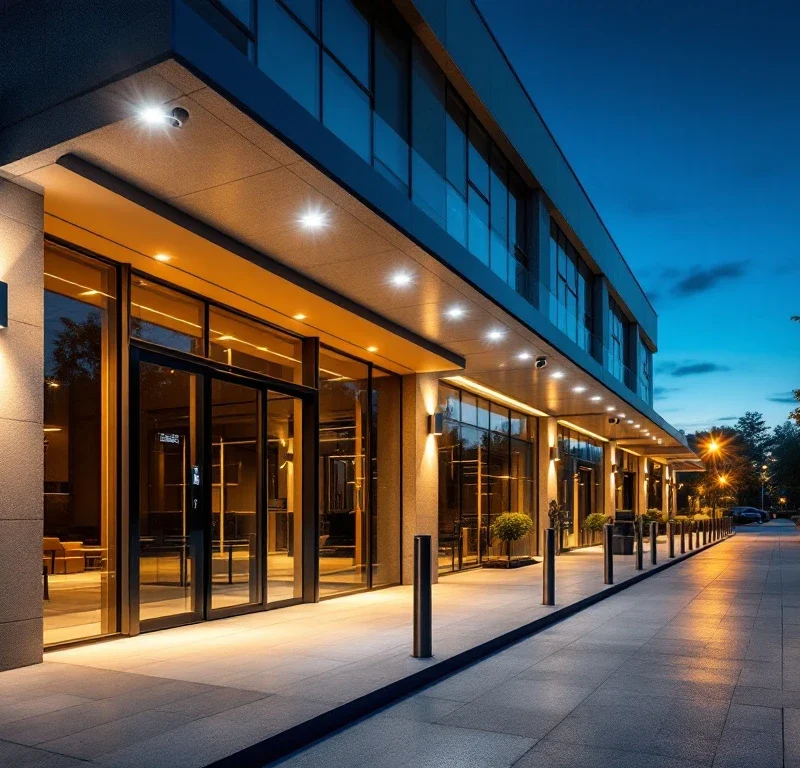 Modern kantoorgebouw met beveiligingssystemen: camera's, toegangscontrole, verlichting en paaltjes bij schemering