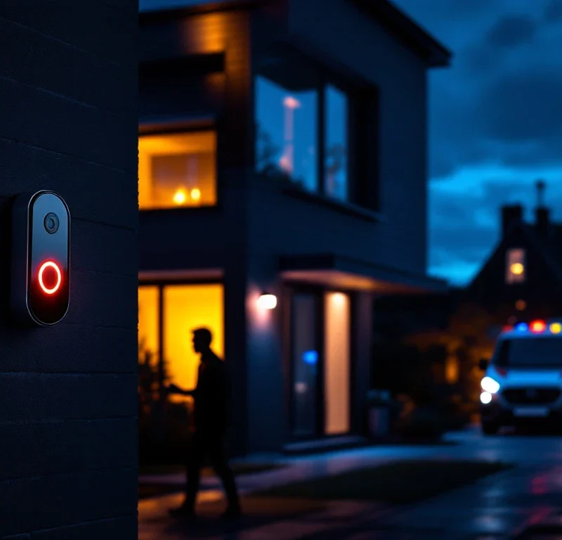 Modern Nederlands huis bij schemering met beveiligingscamera en bewegingssensoren die donkere figuur detecteren
