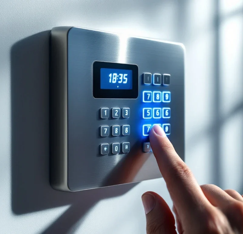Hand voert beveiligingscode in op modern verlicht alarmkeypad met blauwe knoppen op witte muur