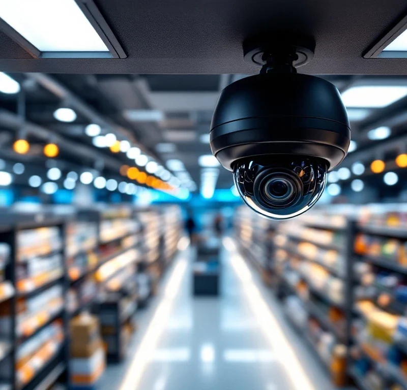 Zwarte koepelvormige beveiligingscamera aan plafond van moderne winkel met verlichte gangpaden en schappen