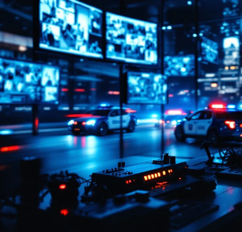 Moderne beveiligingscontrolekamer met HD-monitoren en Marshall Security patrouillevoertuigen die 's nachts uitrukken