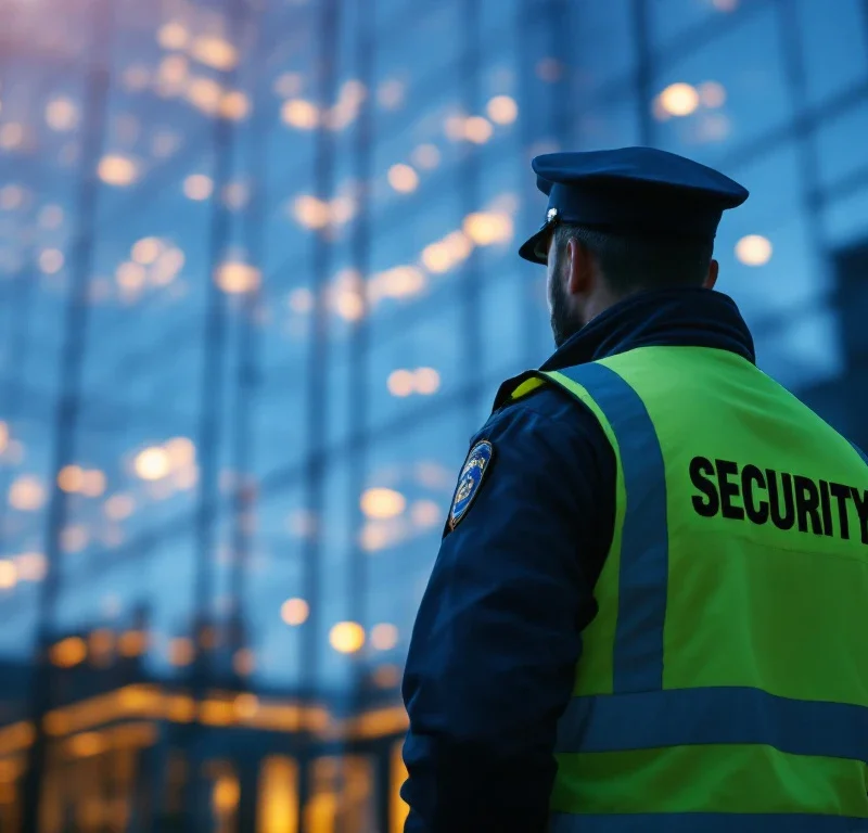 Beveiligingsmedewerker in uniform observeert modern kantoorgebouw tijdens schemering met gouden zonlicht