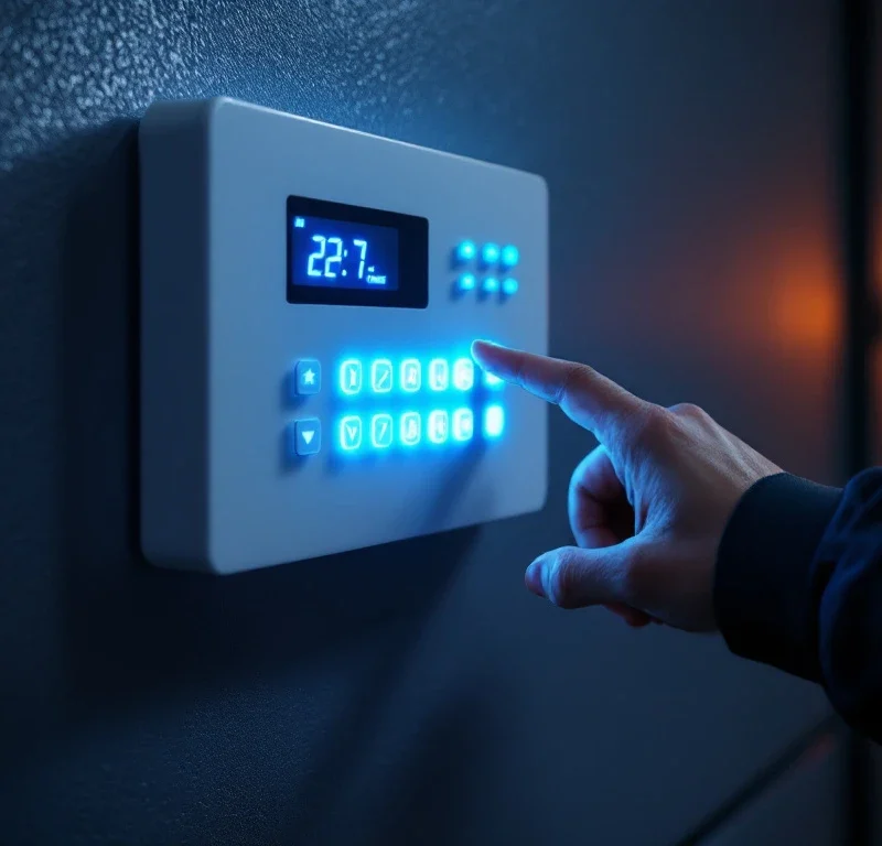 Beveiligingsmedewerker bedient verlicht alarm bedieningspaneel met blauwe LED-indicatoren op muur