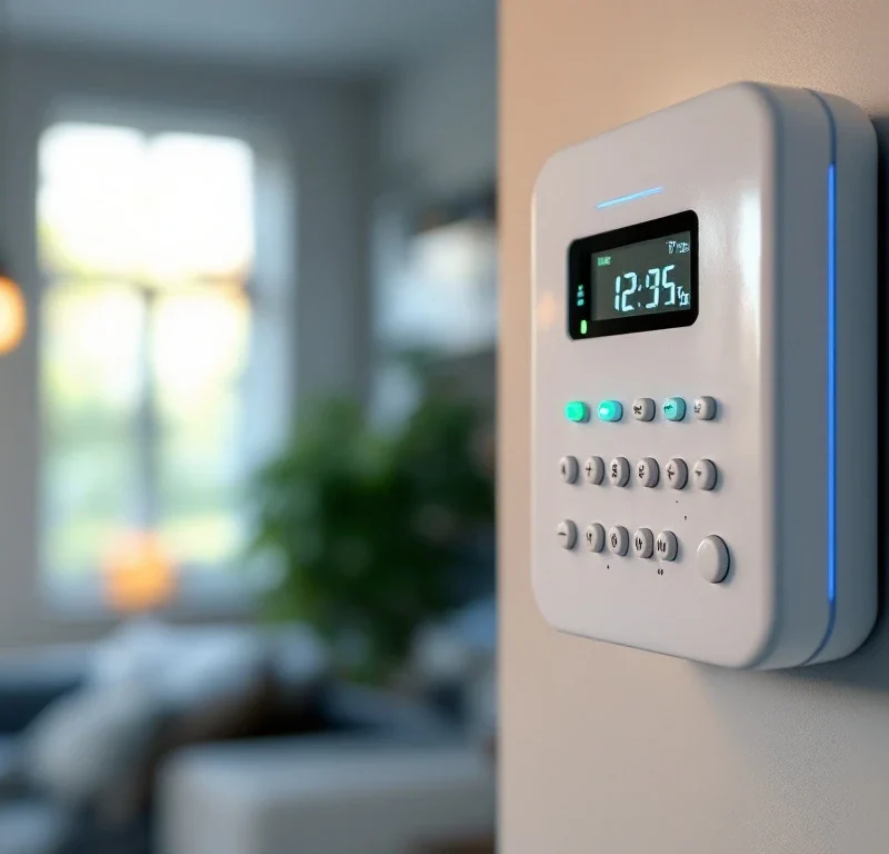 Wit beveiligingsalarmpaneel op muur met blauwe en groene LED-lampjes in modern huis interieur