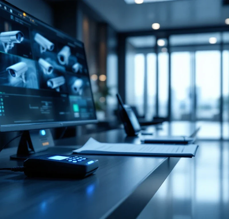 Beveiligingsbalie met monitor, toegangskaartlezer en portofoon in moderne kantoorlobby