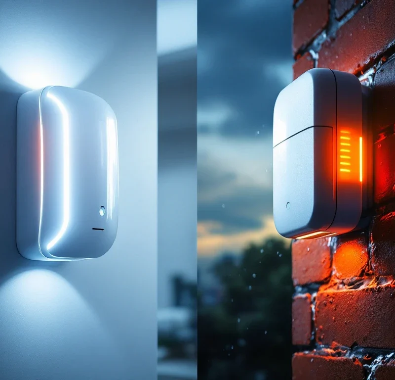 Moderne beveiligingssirenes binnen en buiten: witte indoor sirene op witte muur en weerbestendige outdoor sirene op bakstenen gevel