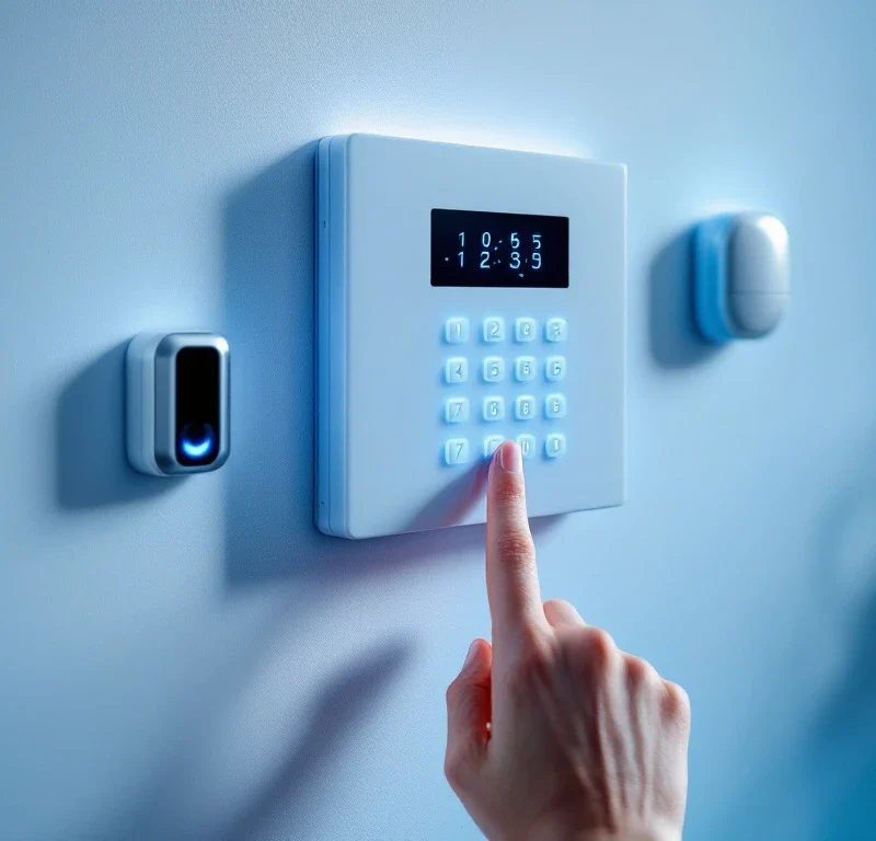 Moderne witte beveiligingsalarm bedieningspaneel met blauwe LED-indicatoren en hand bij toetsenbord