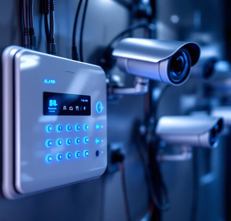 Modern beveiligingspaneel met LED-indicatoren geïntegreerd met HD-beveiligingscamera's en netwerkverbindingen