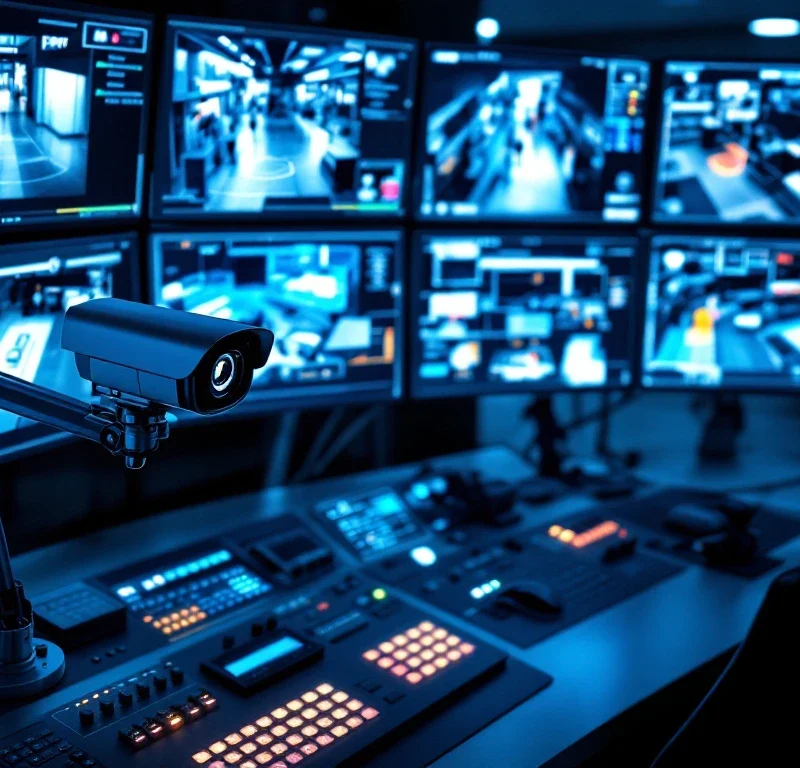 Beveiligingscontrolekamer met meerdere monitors die winkelbeelden tonen met bewegingsdetectie en warmtekaarten