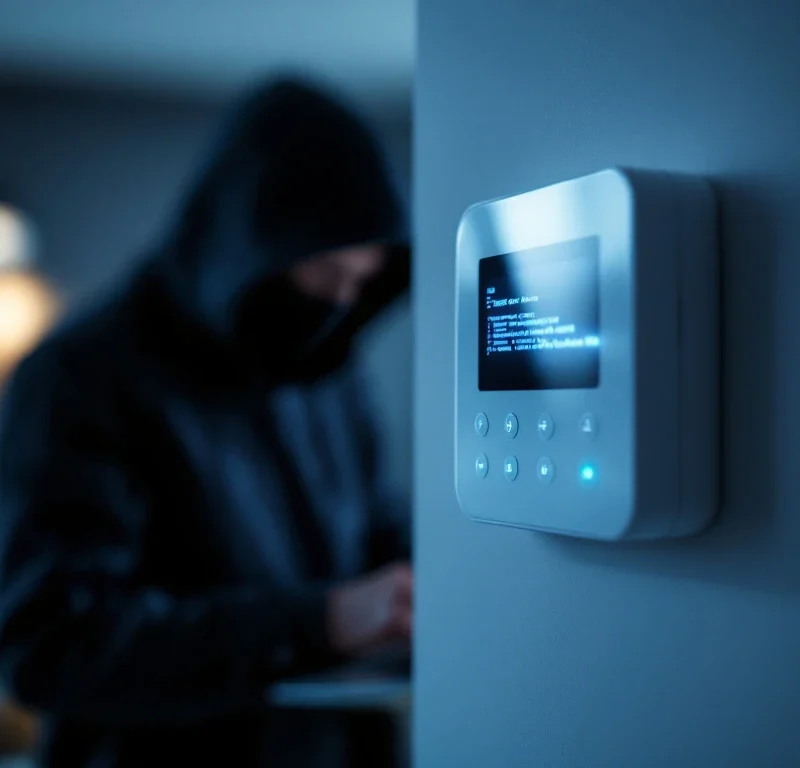 Witte slimme alarm bedieningspaneel met hacker die met laptop probeert in te breken, dramatische beveiliging scene


(Note: This is 121 characters including spaces)