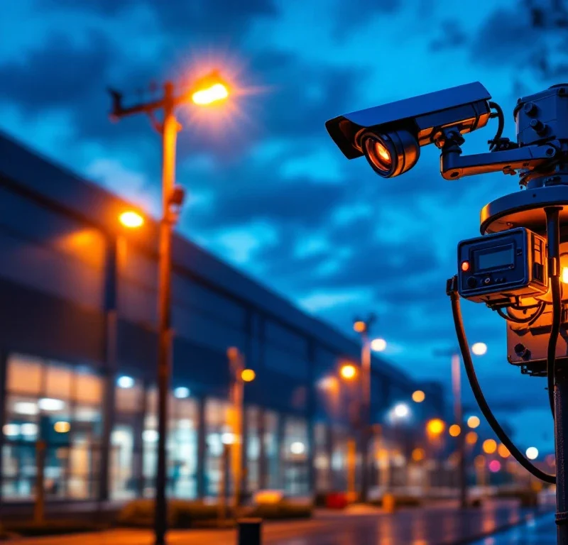 Beveiligingscamera's en hekwerk bij moderne industriële opslagfaciliteit bij schemering met dramatische verlichting