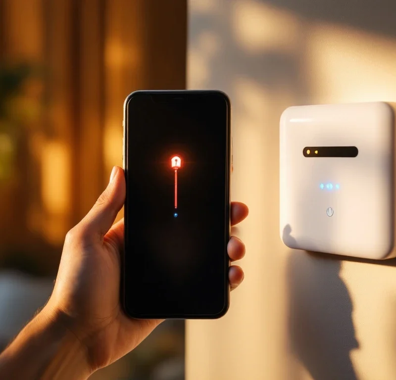 Smartphone met rode beveiligingsmelding naast blauw verlicht alarmpaneel in modern interieur