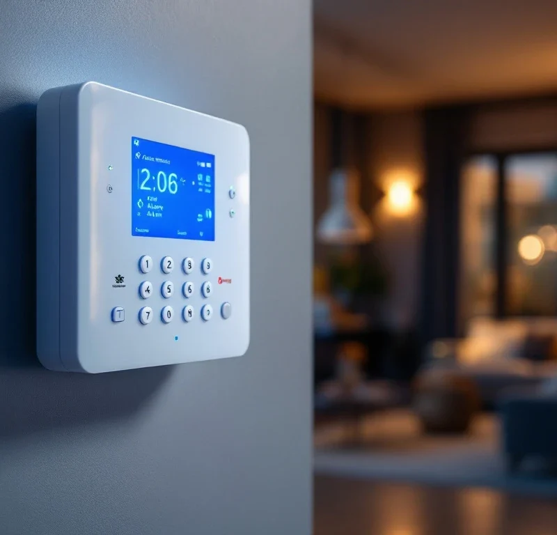 Modern wit alarmsysteem bedieningspaneel met blauwe LED-verlichting en touchscreen op muur in hedendaags interieur