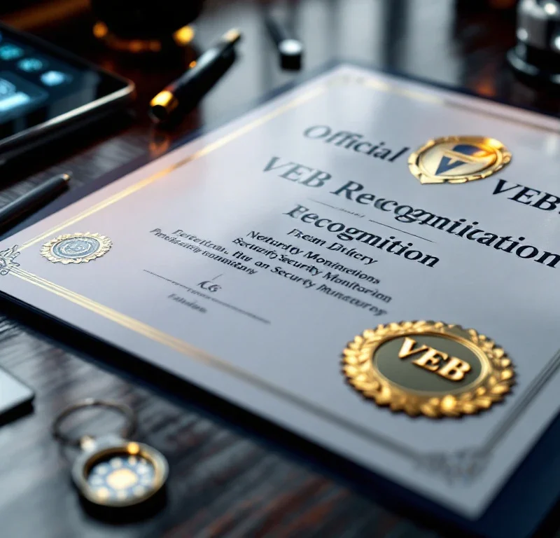 VEB beveiligingscertificaat met gouden zegel op bureau met badge, sleutelkaarten en tablet met beveiligingssysteem