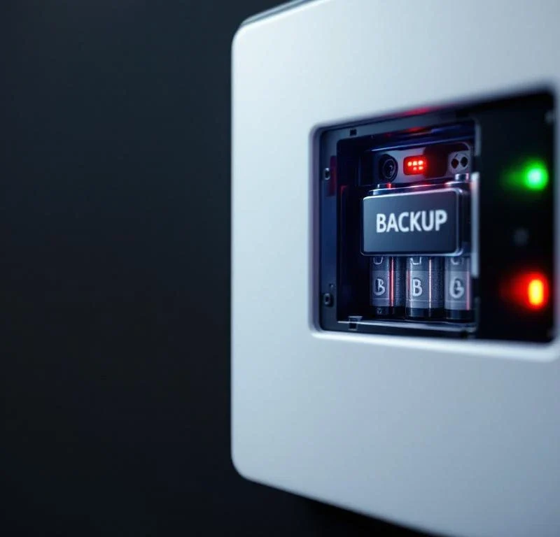 Wit alarmcontrolepaneel met LED-indicatoren en zichtbare backup batterijen gemonteerd op donkere muur
