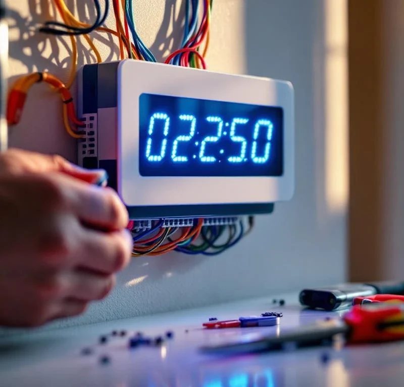 Technicus installeert wit beveiligingspaneel op muur met timer die 02:30 toont en gereedschap in de buurt