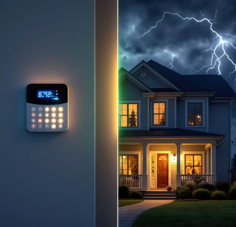 Beveiligingsalarm met back-up batterij blijft werken tijdens stroomstoring met onweer, groene indicator toont continuïteit