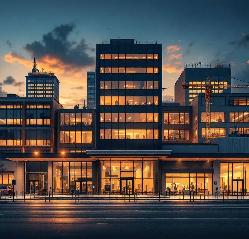 Beveiligingssystemen beschermen moderne bedrijfsgebouwen inclusief kantoren, magazijnen en winkels bij zonsondergang
