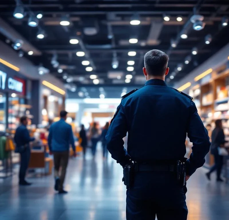 Beveiligingsbeambte in uniform bewaakt winkelende klanten in moderne winkel met beveiligingscamera's