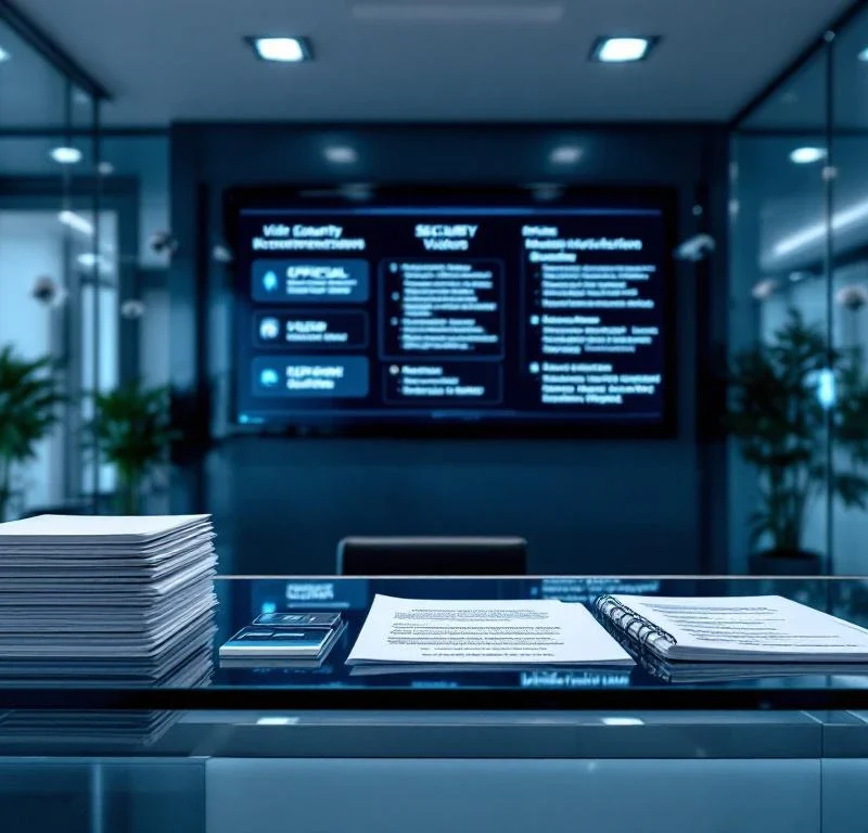 Moderne beveiligingsreceptie met glazen balie, toegangskaarten, digitaal display met protocollen en surveillance camera's
