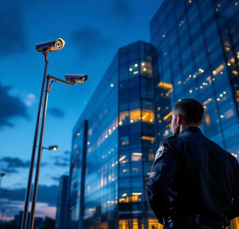 Beveiligingsbeambte bij modern kantoorgebouw met bewakingscamera's tijdens schemering, warme verlichting binnen