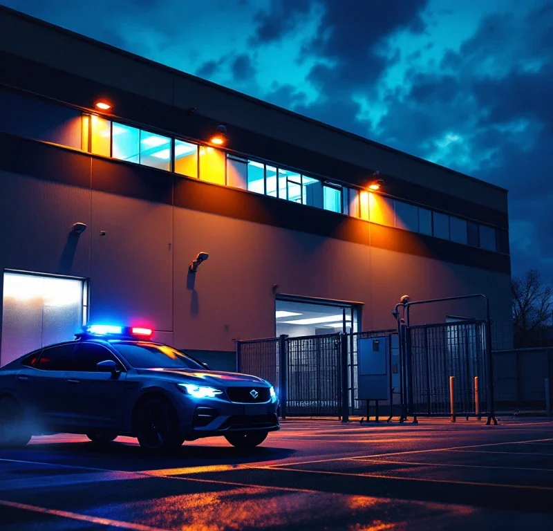 Moderne kantoorgebouw met beveiligingsvoertuig, camera's en verlichting bij schemering voor 24/7 objectbeveiliging