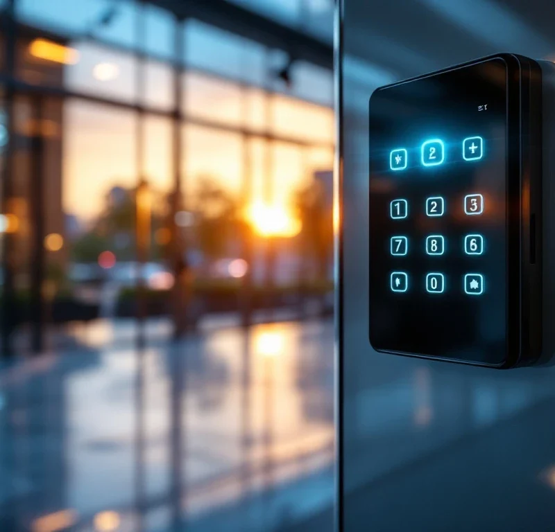 Moderne beveiligingskeypad met blauwe LED-verlichting op glazen kantoorgebouw bij schemering met toegangskaarten