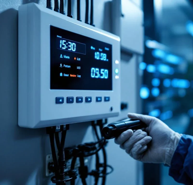 Technicus met diagnostische apparatuur bij wit beveiligingspaneel met LED-indicators en digitale display