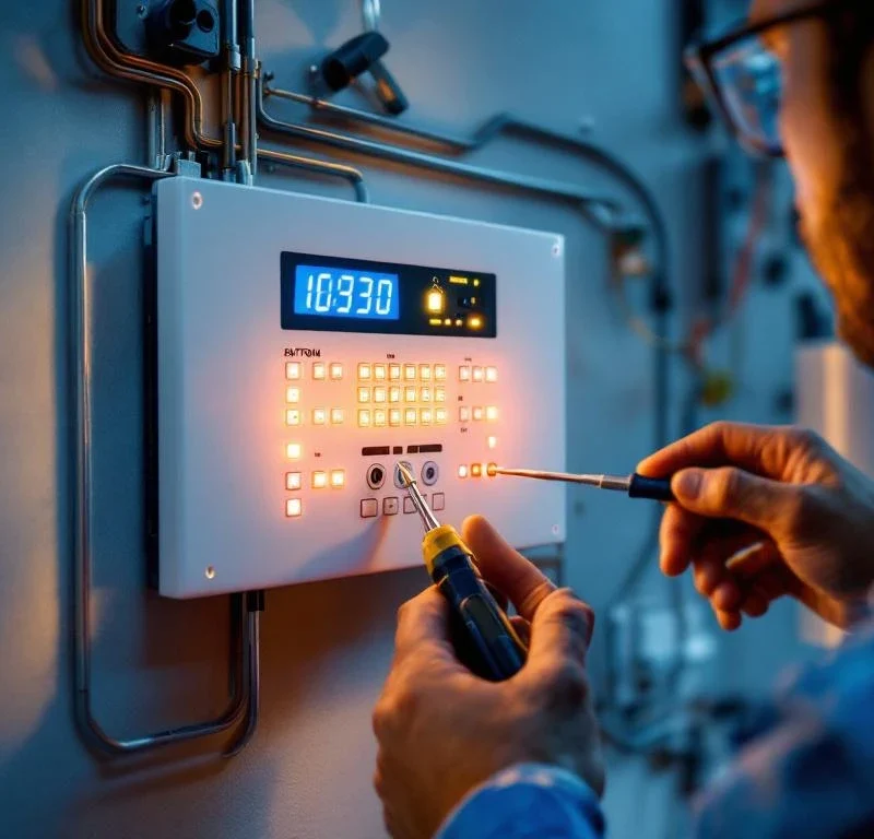 Technicus voert onderhoud uit aan wit beveiligingsalarm paneel met LED-indicatoren en digitale displays op moderne muur
