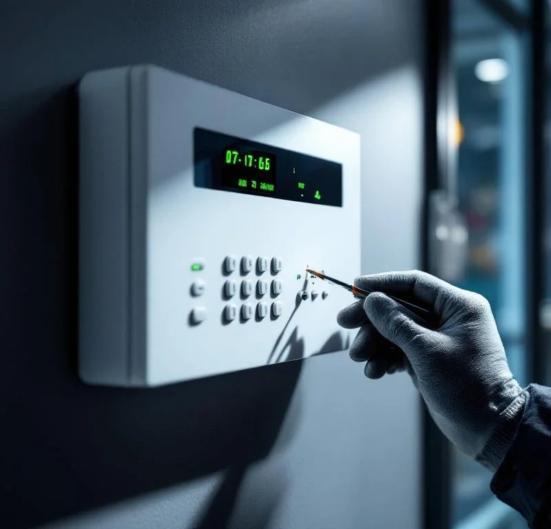 Technicus voert onderhoud uit aan wit beveiligingsalarmpaneel met groene LED-lampjes en digitale indicatoren