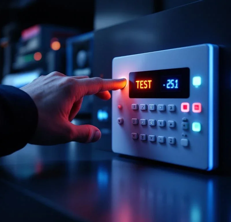 Professionele hand test witte beveiligingsalarm paneel met LED-indicatoren en digitaal display op donkere ondergrond
