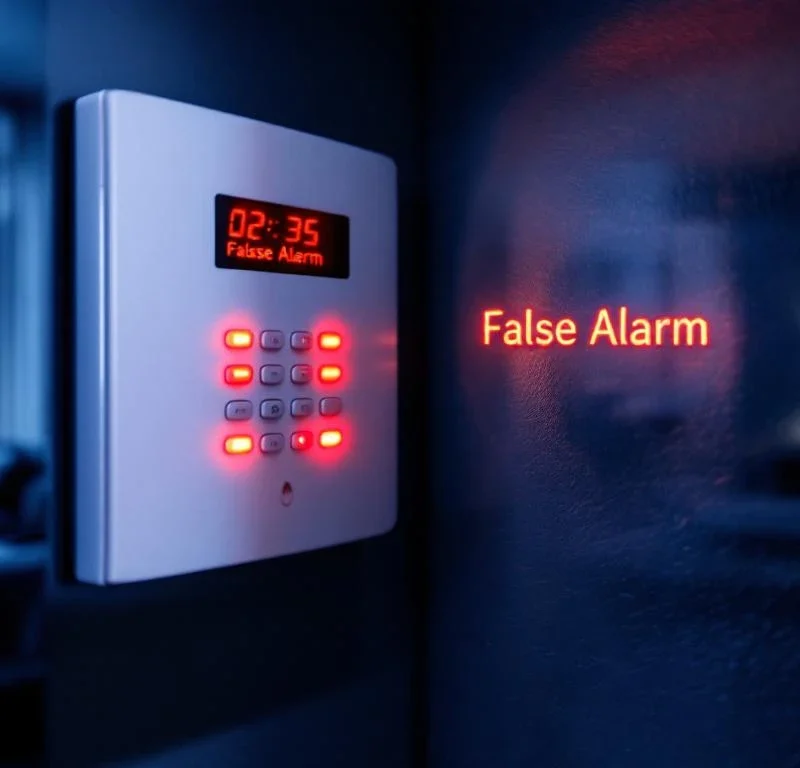 Witte beveiligingsalarm paneel met rode LED waarschuwingslichten en smartphone met vals alarm melding op scherm
