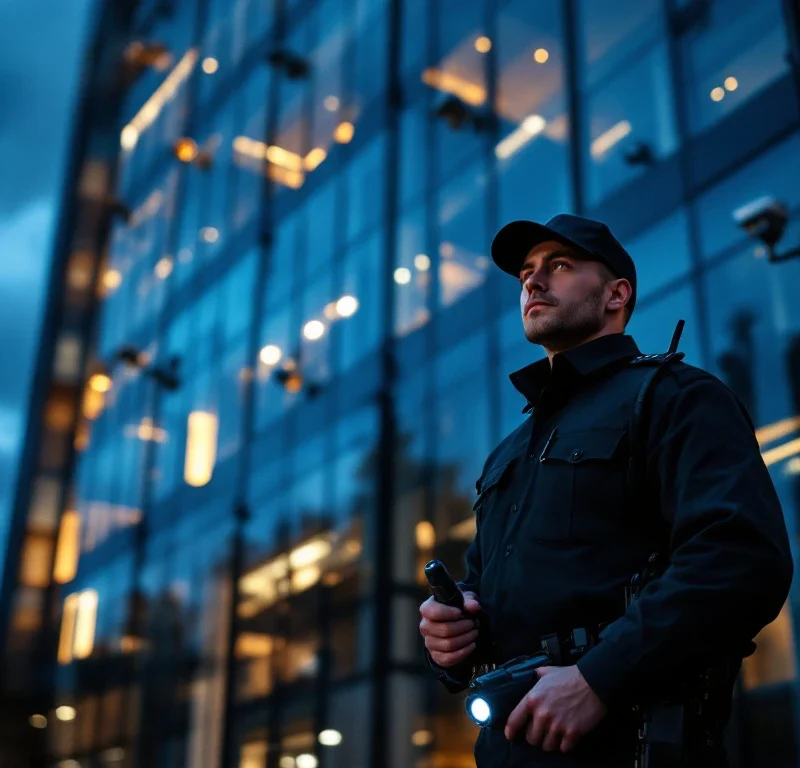 Professionele beveiligingsbeambte met zaklamp bij modern kantoorgebouw tijdens schemering, bewakingscamera's zichtbaar