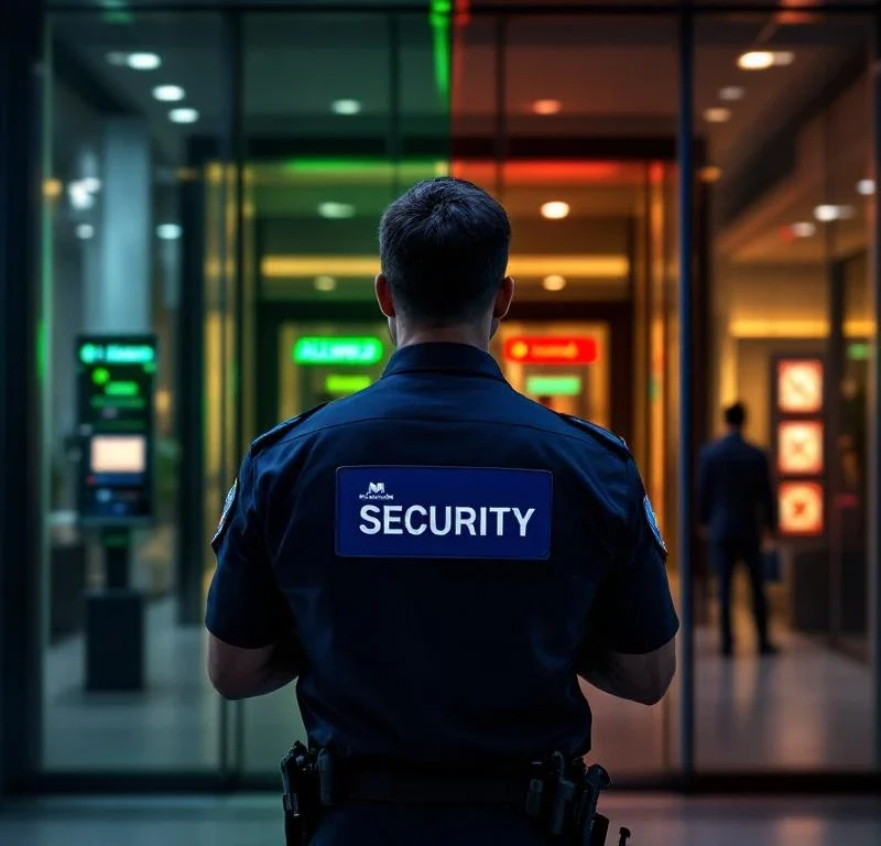 Beveiligingsbeambte in uniform bij moderne kantooringang met groen verlichte toegestane en rood verlichte verboden elementen
