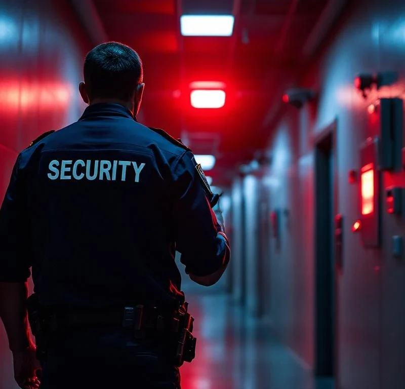 Beveiligingsmedewerker van Marshall Security met radio in kantoorgang tijdens noodsituatie met rood alarm licht