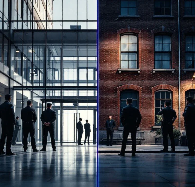 Vergelijking van moderne en traditionele beveiligingsbedrijven met bewakers, gebouwen en surveillanceapparatuur zij aan zij