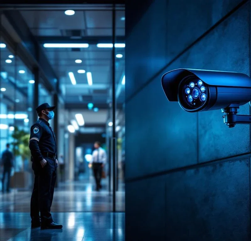 Beveiligingsbeambte bij kantoorgebouw naast high-tech bewakingscamera met LED-indicatoren in blauw-wit licht