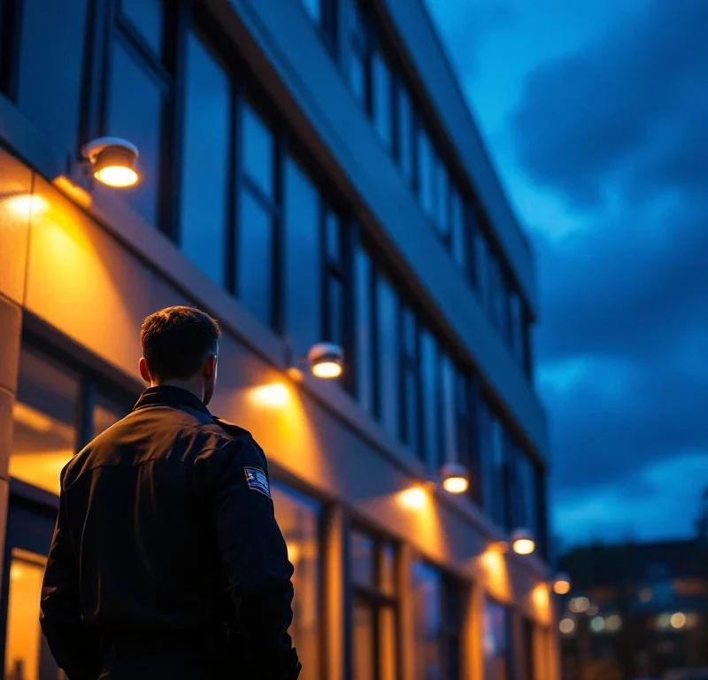 Beveiligingsbeambte bij modern kantoorgebouw bij schemering met verlichte gevel en zichtbare beveiligingscamera's