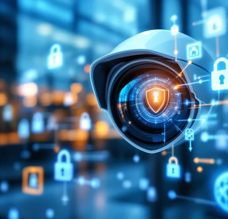 Beveiligingscamera lens reflecteert privacy-schild symbool tegen glazen kantoorgebouw met digitale beveiligingspictogrammen