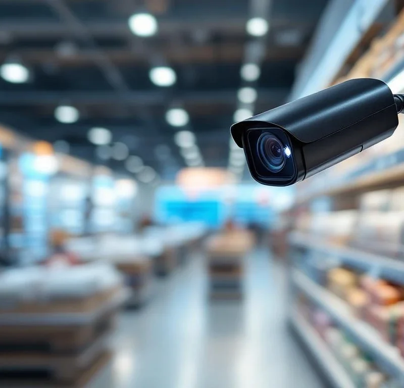 Zwarte beveiligingscamera in moderne winkel met witte schappen en professionele verlichting