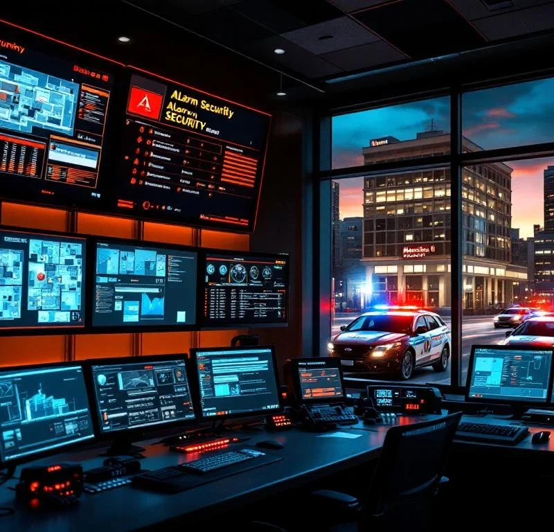 Moderne beveiligingscentrale met gloeiende monitoren en alarmnotificaties, Marshall Security voertuigen rijden naar incident