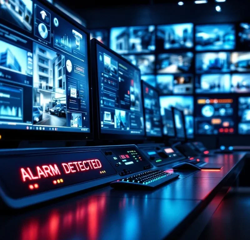 Moderne beveiligingscontrolekamer met HD-monitors, alarmdetectie displays en verlichte controlepanelen met indicatielampjes